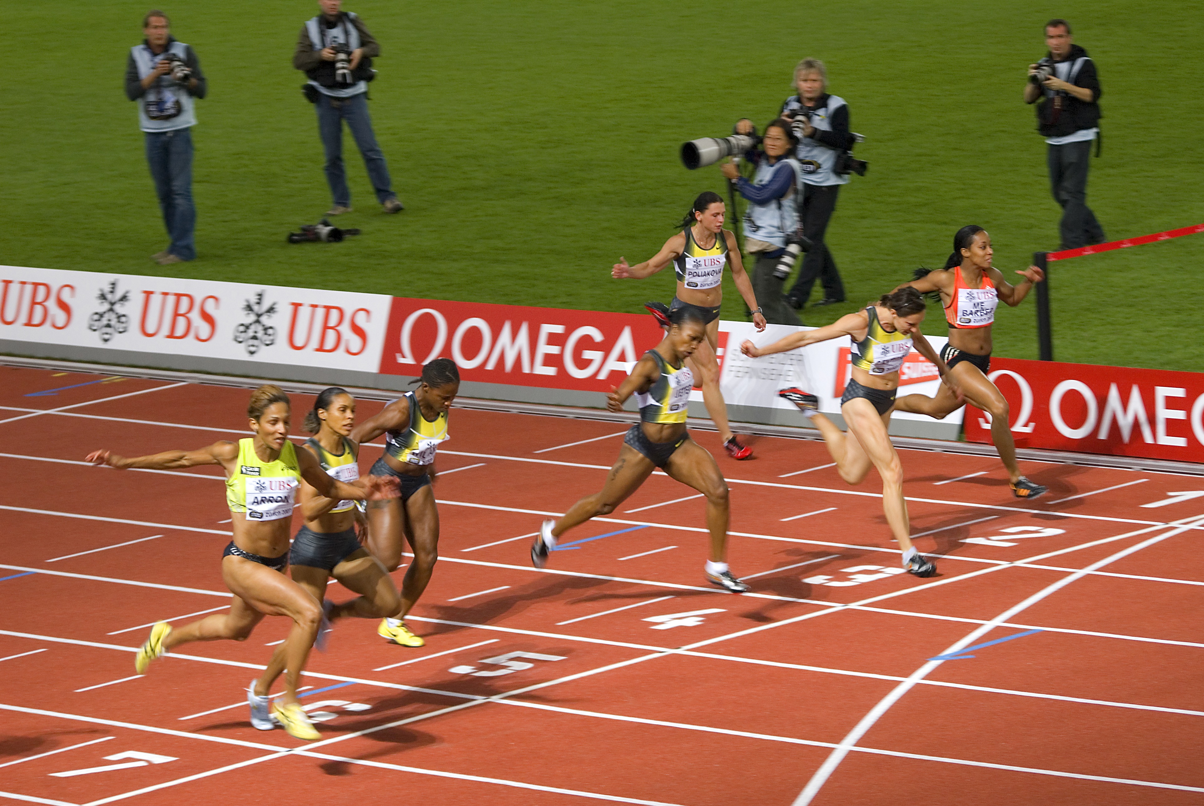 Women's 100m athletics race finish line