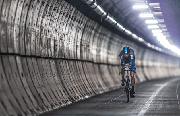 Chris Froome riding a Team Sky bike through the channel tunnel