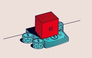 Red box sat on pile of money. Video game advertising - Roblox