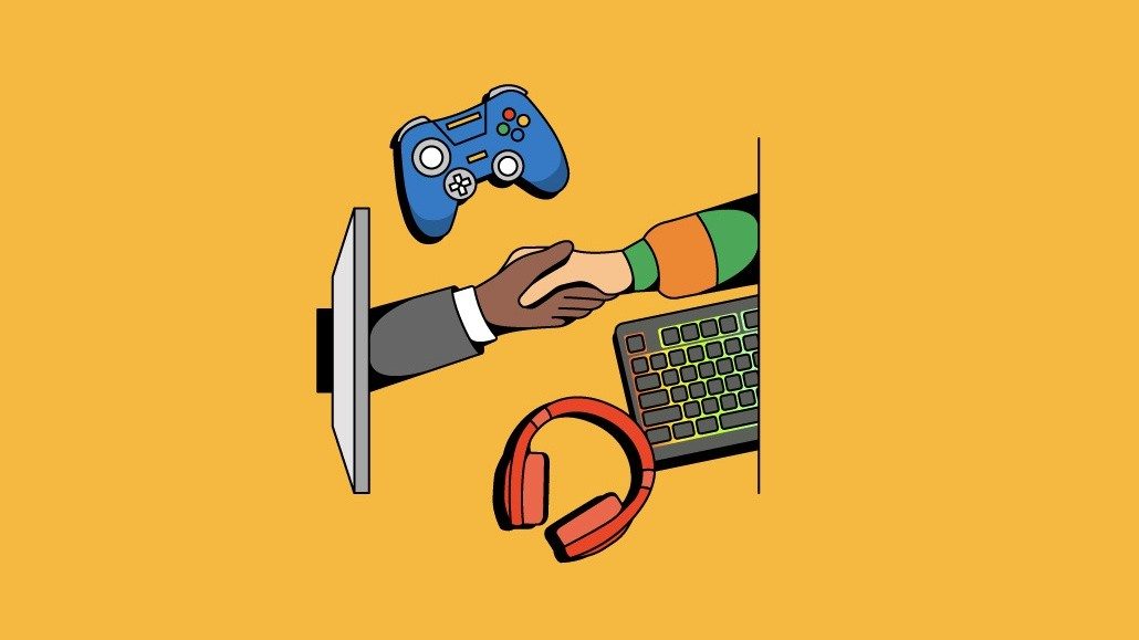 Games console, keyboard, headphones and people shaking hands